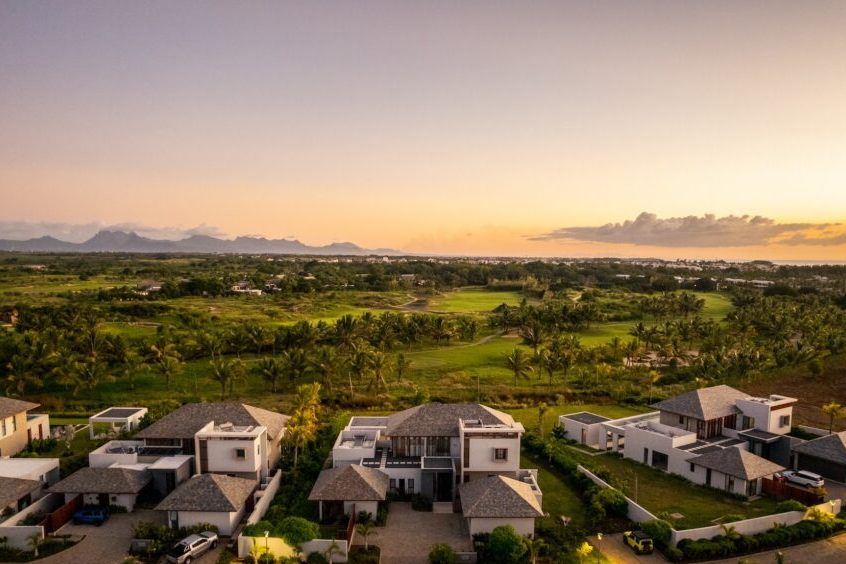Aerial view of the Fairway Villas at dusk
