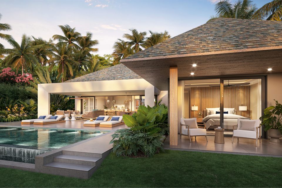 Lagoon Villa — terrace, pool and bedroom opening onto the garden at sunset