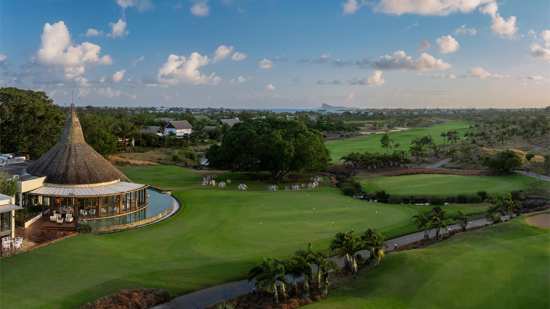 The Mont Choisy Golf & Beach Estate clubhouse and the fairways of the course