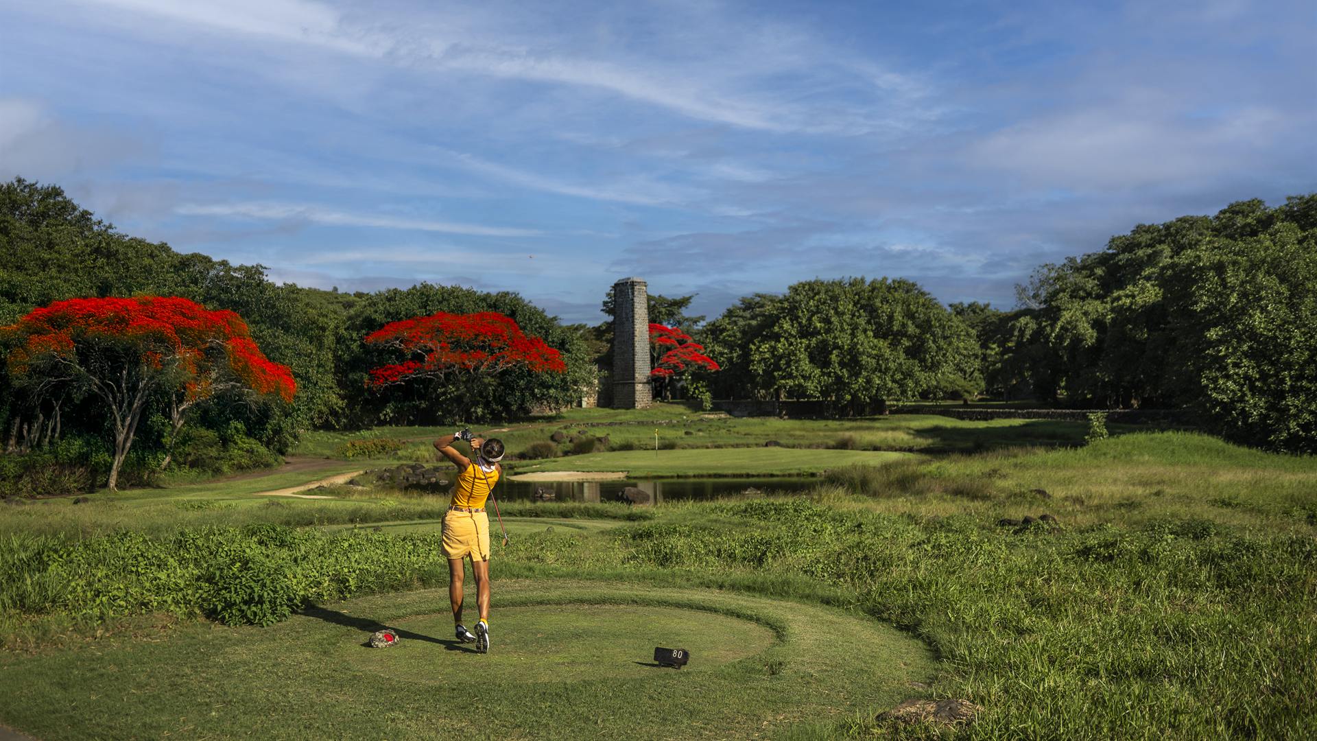 Golfer teeing off on the Mont Choisy course, flamboyant trees in bloom